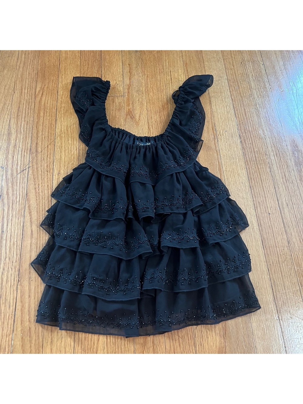 Vintage Y2K coquette whimsical bedazzled ruffle black tank top